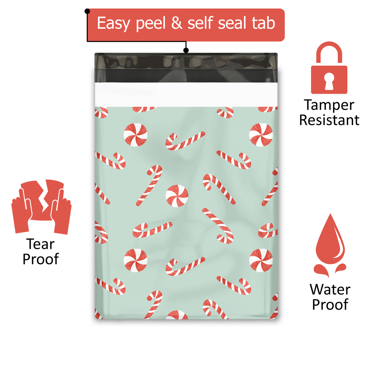 10x13 Candy Canes Designer Poly Mailers Shipping Envelopes Premium Printed Bags