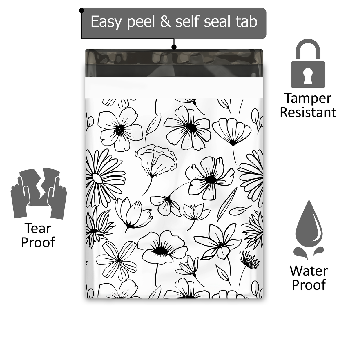 12x15 Black and White Sketched Floral Designer Poly Mailers Shipping Envelopes Premium Printed Bags