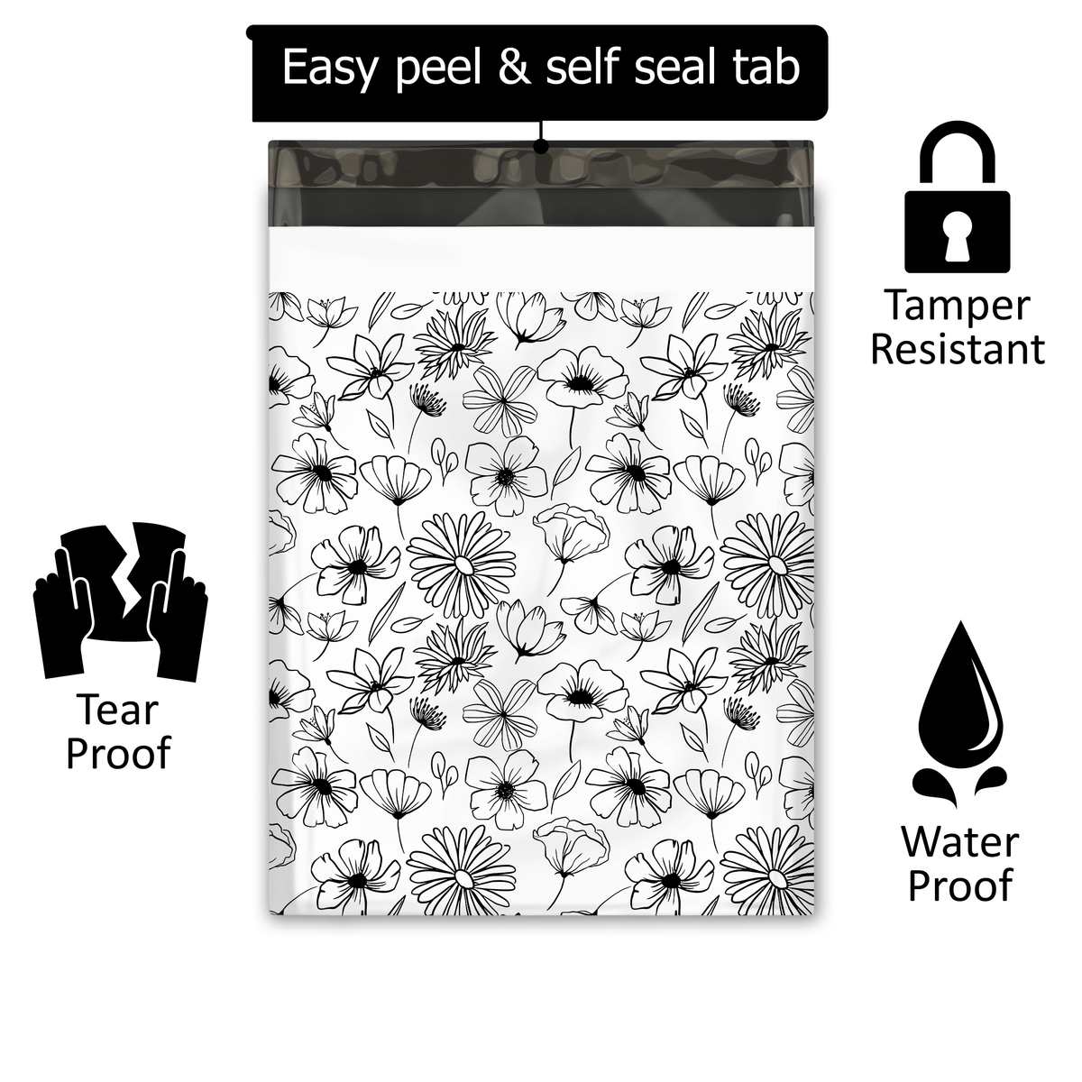 19x24" Black and White Floral Designer Poly Mailers Shipping Envelopes Premium Printed Bags