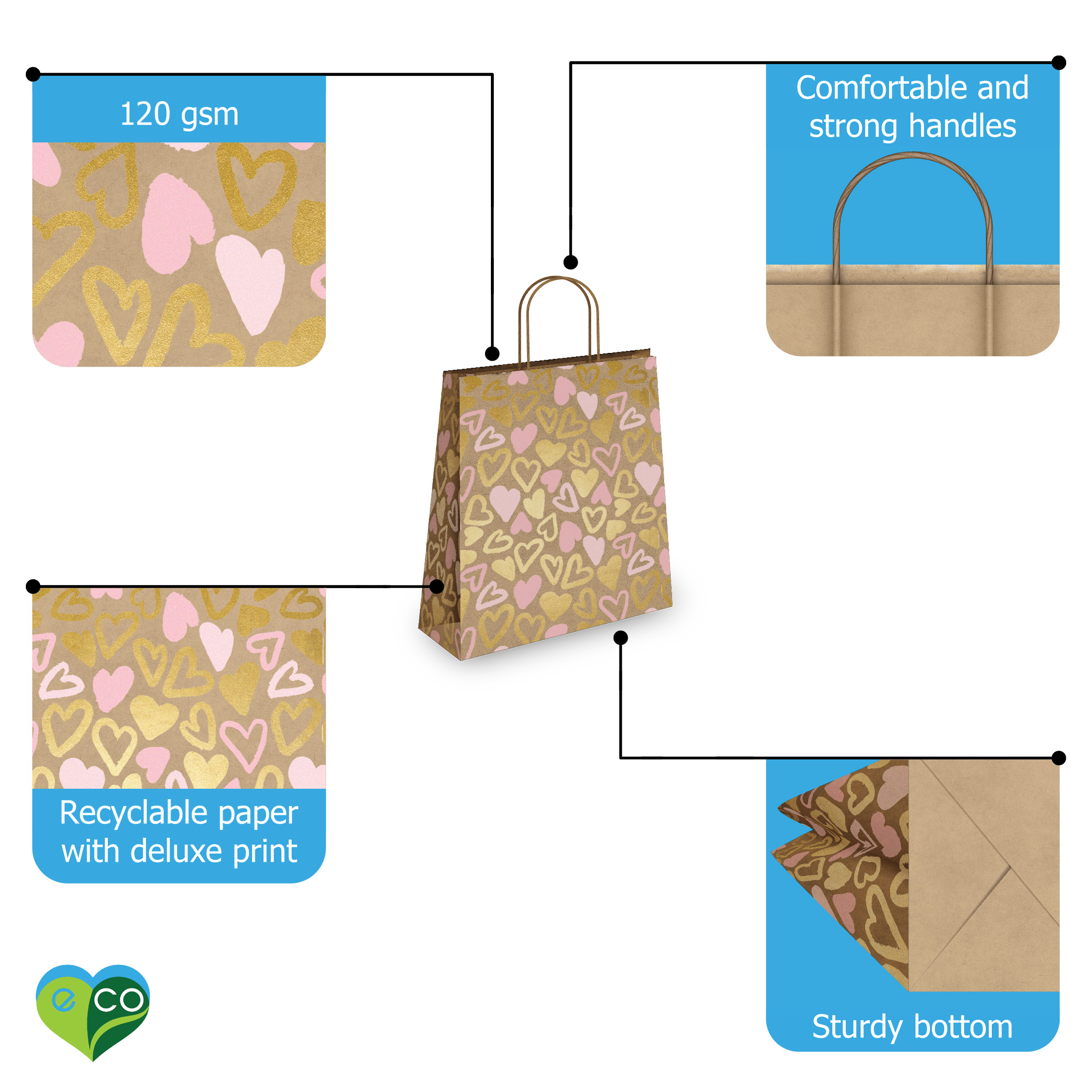 Pink and Gold Hearts Kraft Gift Bags Mixed Size Set - Pro Supply Global
