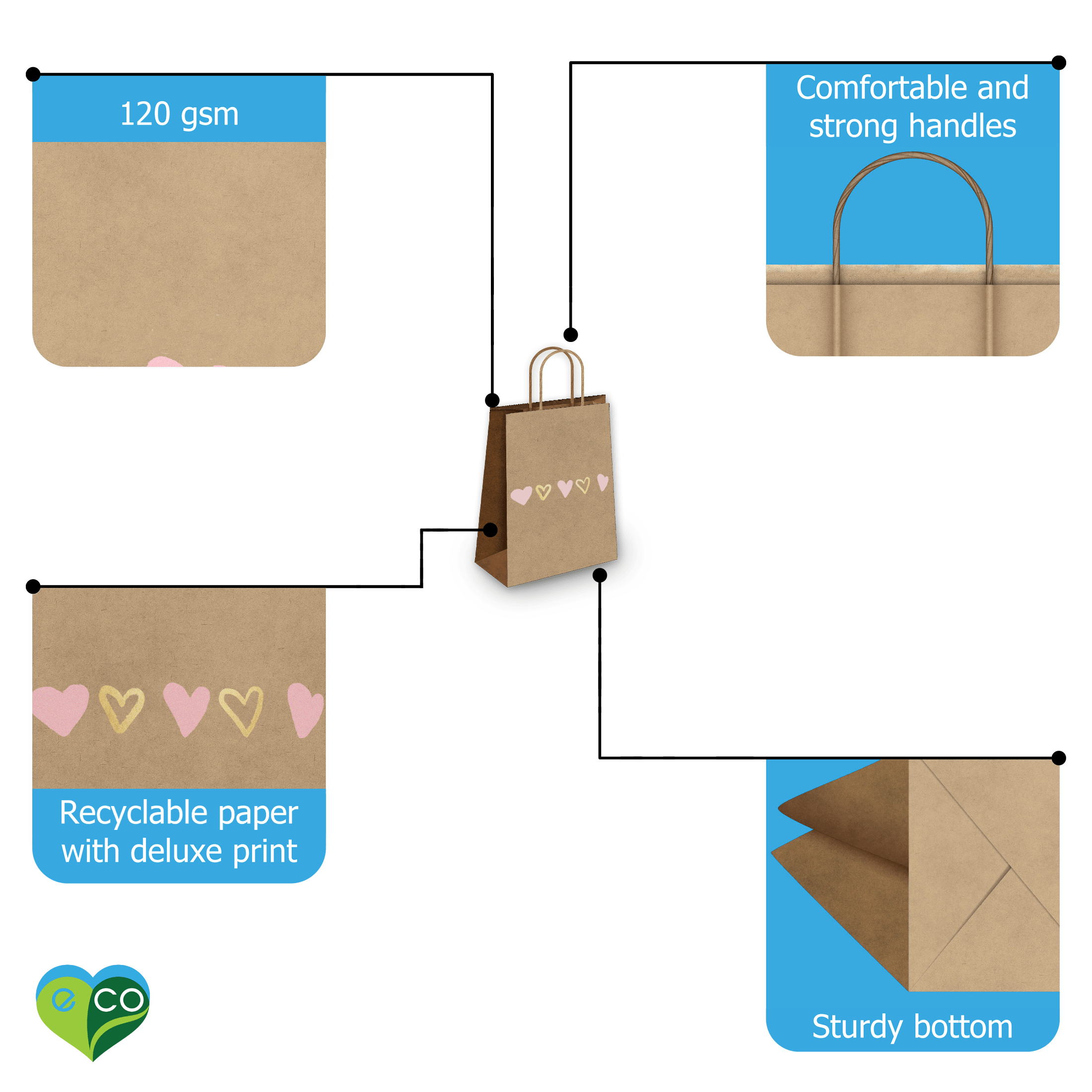 Pink and Gold Hearts Kraft Gift Bags Mixed Size Set - Pro Supply Global