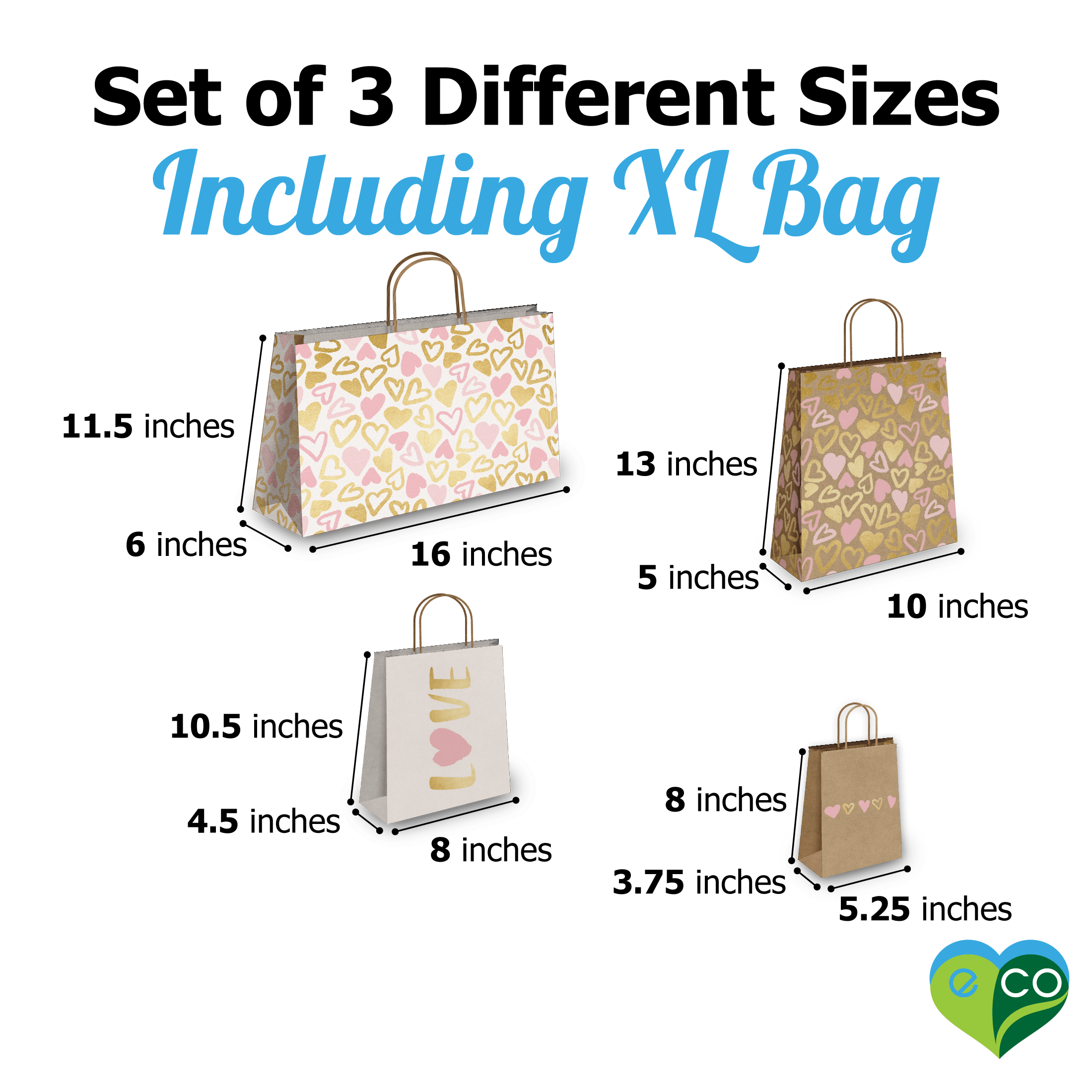 Pink and Gold Hearts Kraft Gift Bags Mixed Size Set - Pro Supply Global