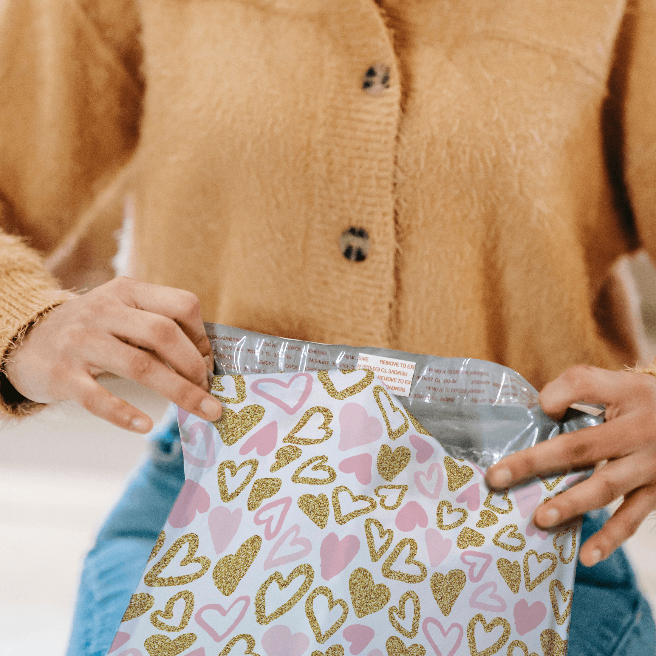 12x15" Pink and Gold Hearts Designer Poly Mailers Shipping Envelopes Premium Printed Bags - Pro Supply Global