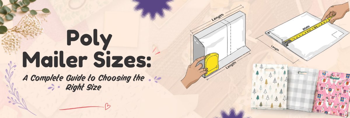 Poly mailer sizes guide showing how to measure package length and width, with illustrated poly mailer packaging examples and fabric designs.