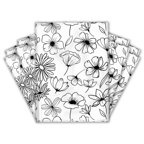 10x13 Black and White Sketched Floral Poly Mailers – Shipping Bags for Small Business