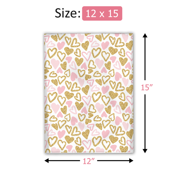 12x15 Pink and Gold Hearts Poly Mailers – Shipping Bags for Small Business