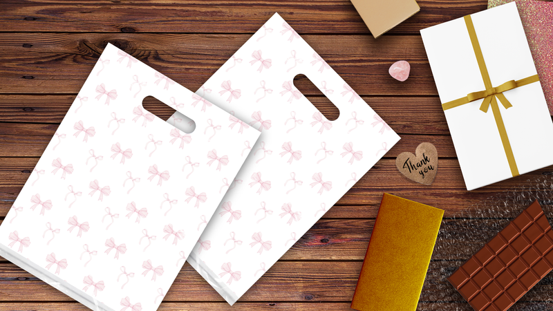 9x12 Pink Bows Designer Poly Plastic Merchandise Bags Premium Printed Bags