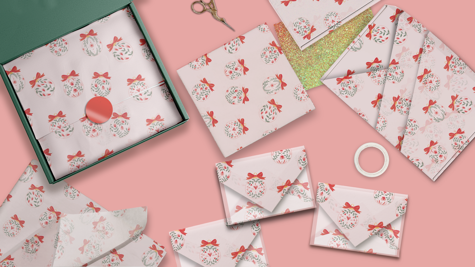 Vintage Floral Christmas Baubles Tissue Paper – 20 x 30 Holiday Gift Wrap Tissue Paper
