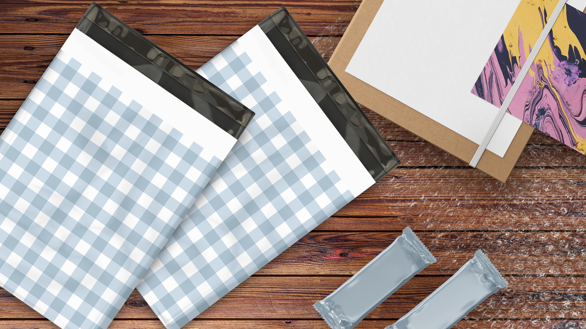 19x24 Blue Gingham Poly Mailers – Large Printed Shipping Bags