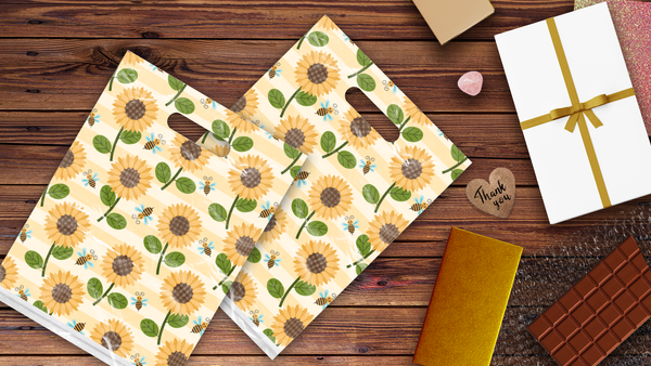 12x15 Sunflowers and Bees Poly Merchandise Bags – Retail Bags with Die-Cut Handles (2 Mil)