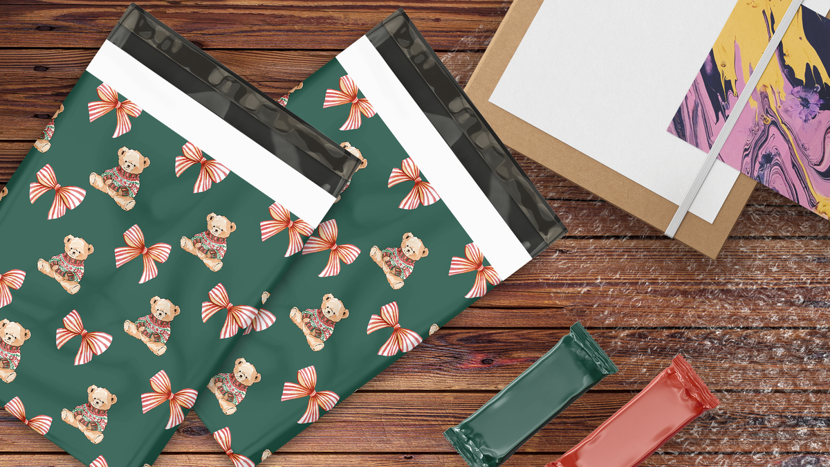 10x13 Christmas Teddy Bear Poly Mailers – Holiday Shipping Bags