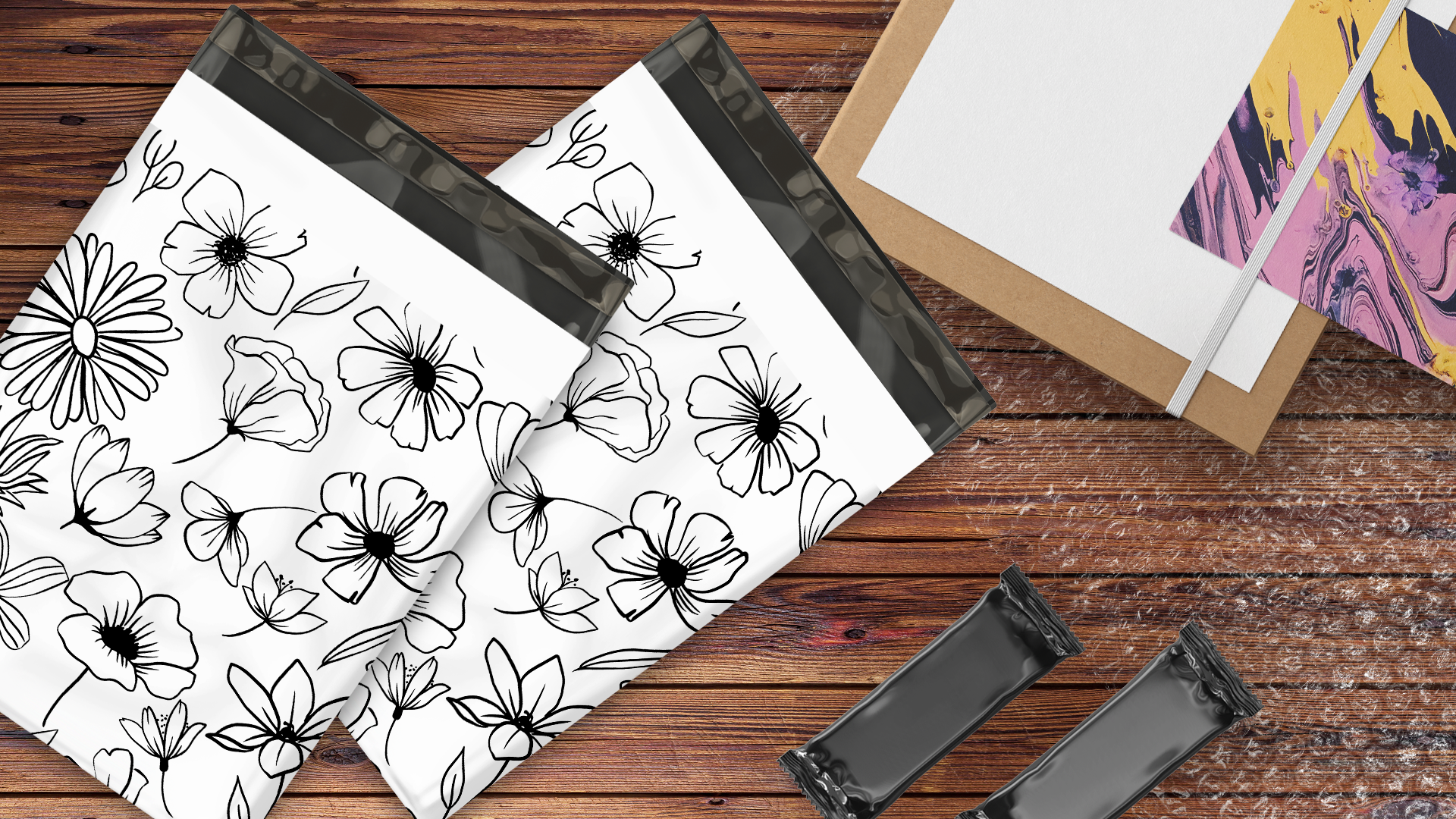 10x13 Black and White Sketched Floral Poly Mailers – Shipping Bags for Small Business