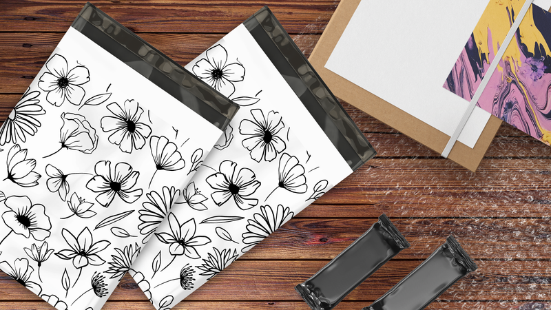 12x15 Black and White Sketched Floral Designer Poly Mailers Shipping Envelopes Premium Printed Bags