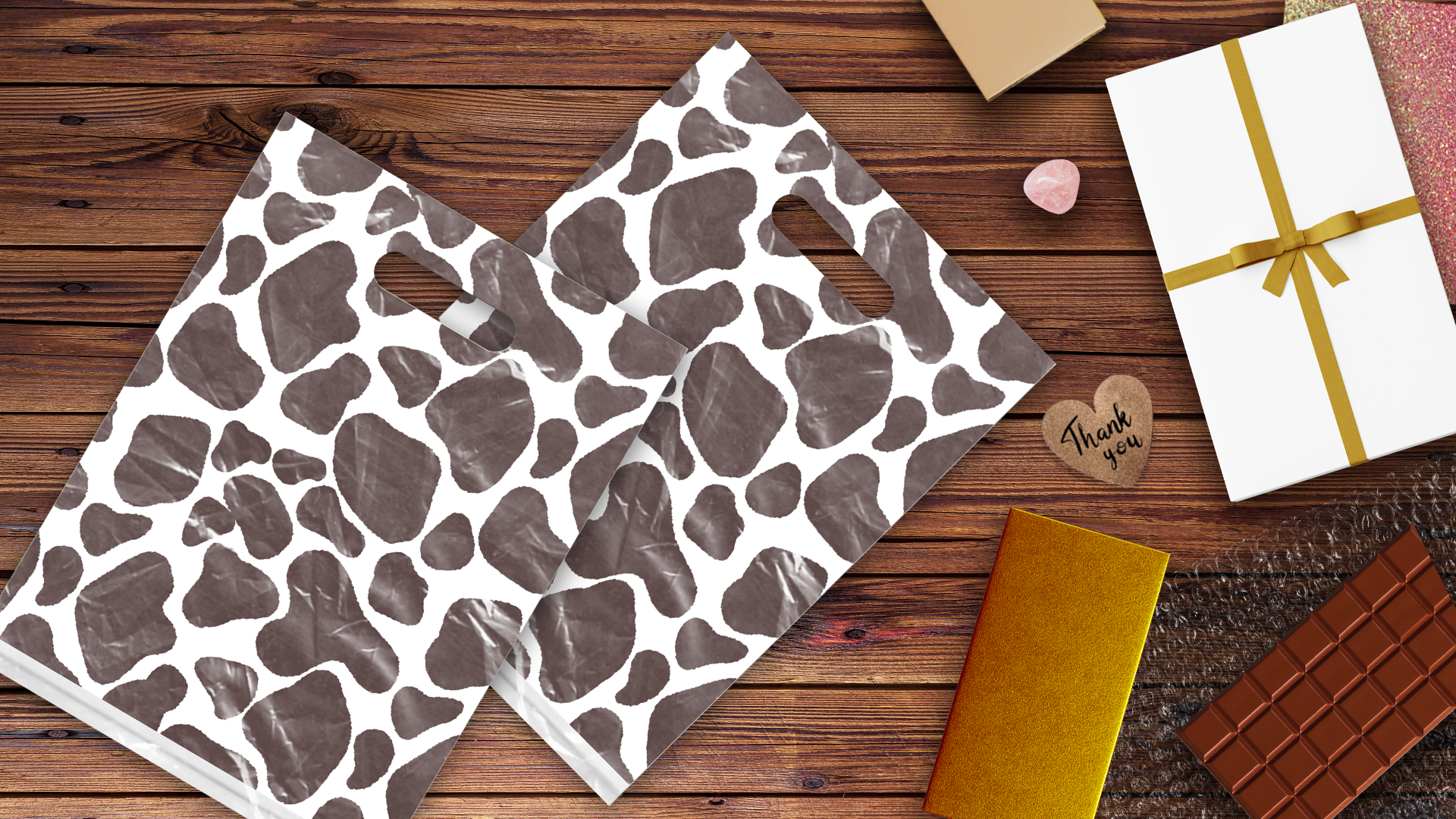 9x12 Cow Print Poly Merchandise Bags – Retail Bags with Die-Cut Handles (2 Mil)