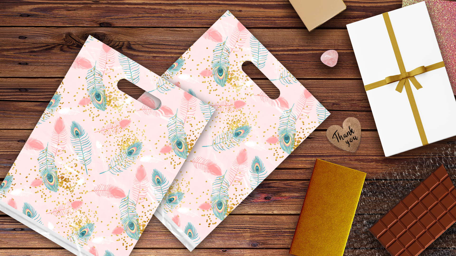 9x12 Pink Peacock Poly Merchandise Bags – Retail Bags with Die-Cut Handles (2 Mil)