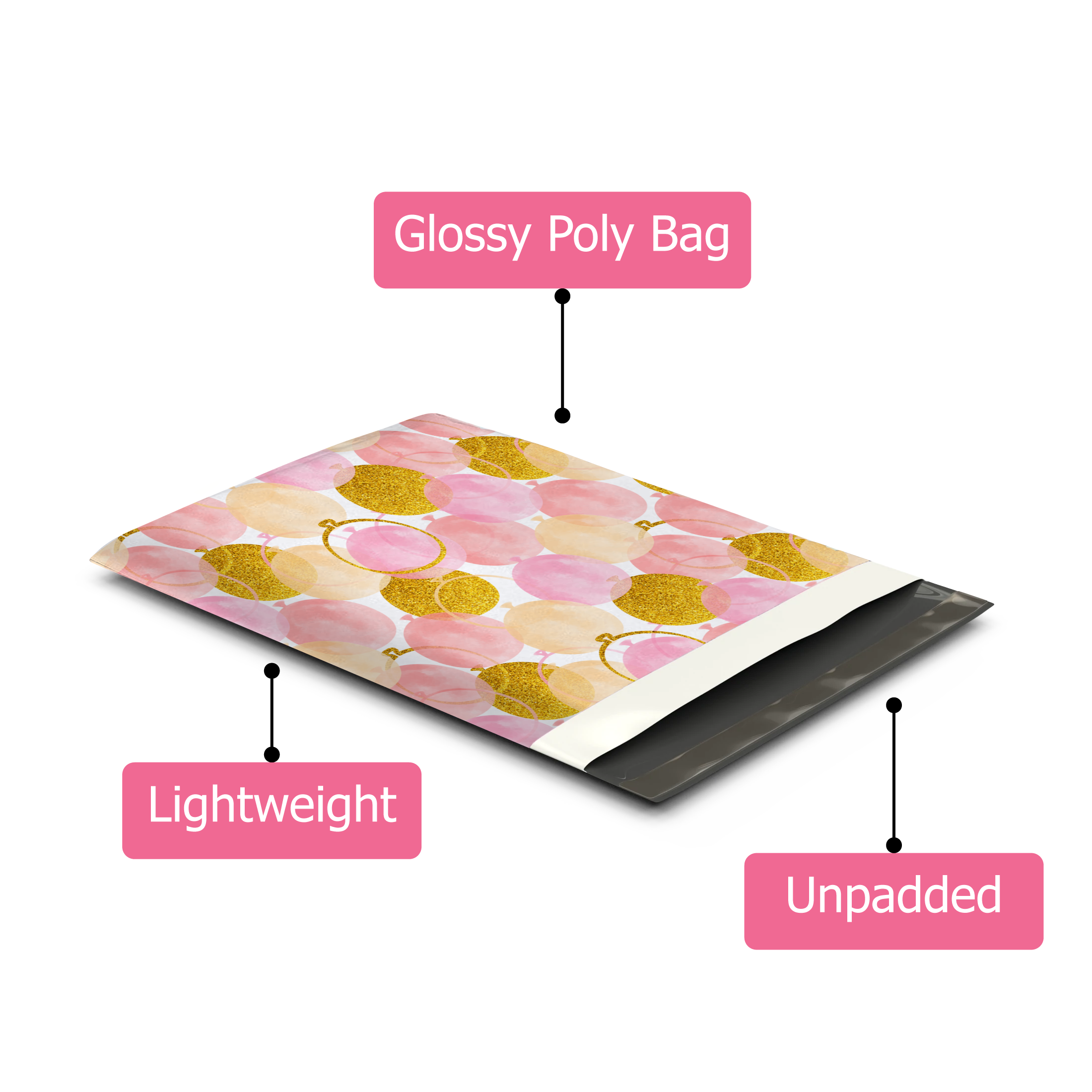 10x13 Pink and Gold Balloons Poly Mailers – Shipping Bags for Small Business