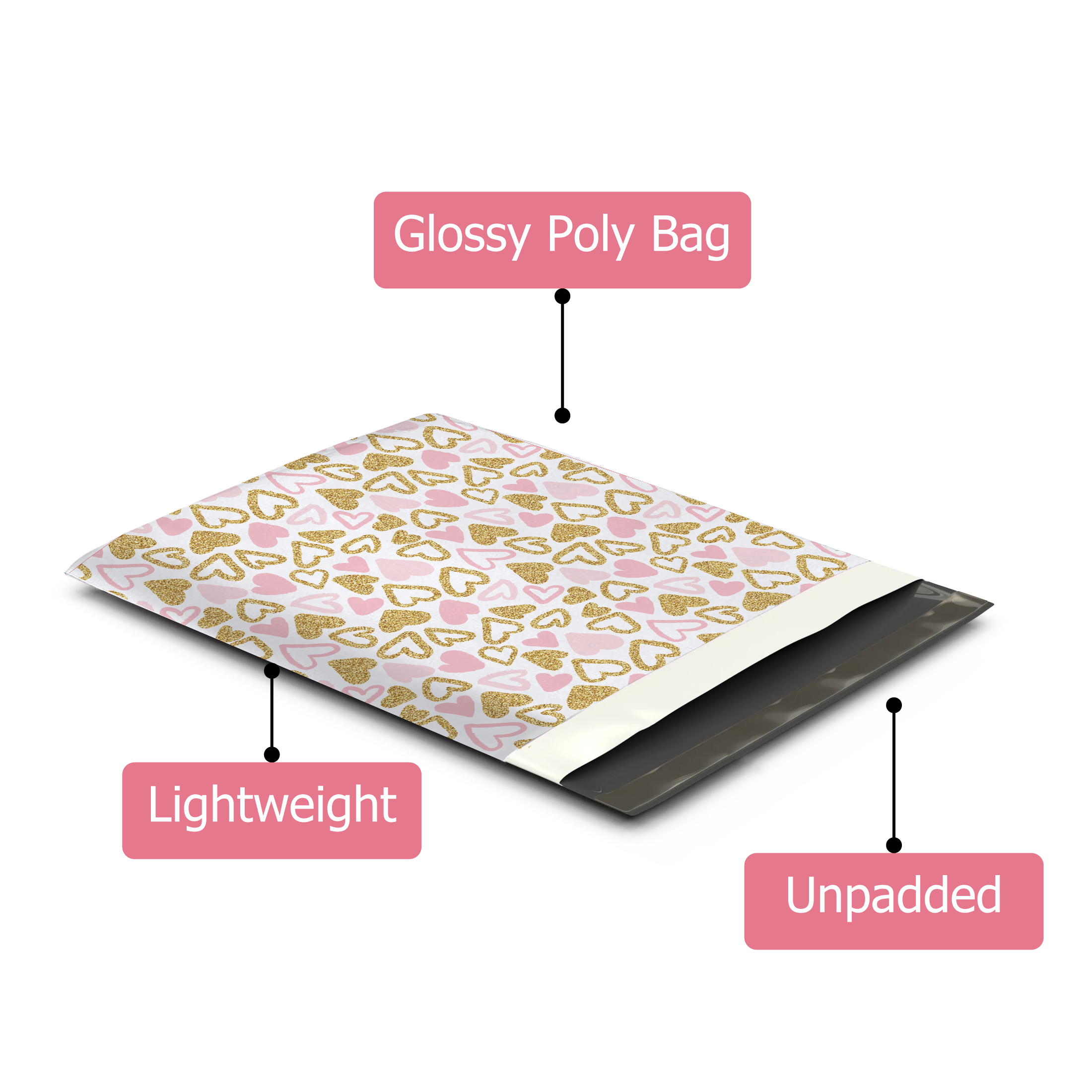 12x15 Pink and Gold Hearts Poly Mailers – Shipping Bags for Small Business