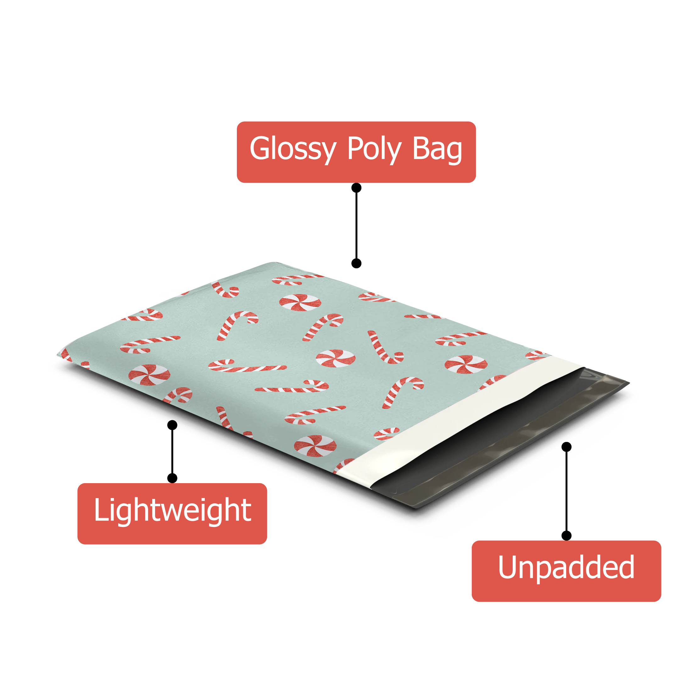 10x13 Candy Canes Designer Poly Mailers Shipping Envelopes Premium Printed Bags