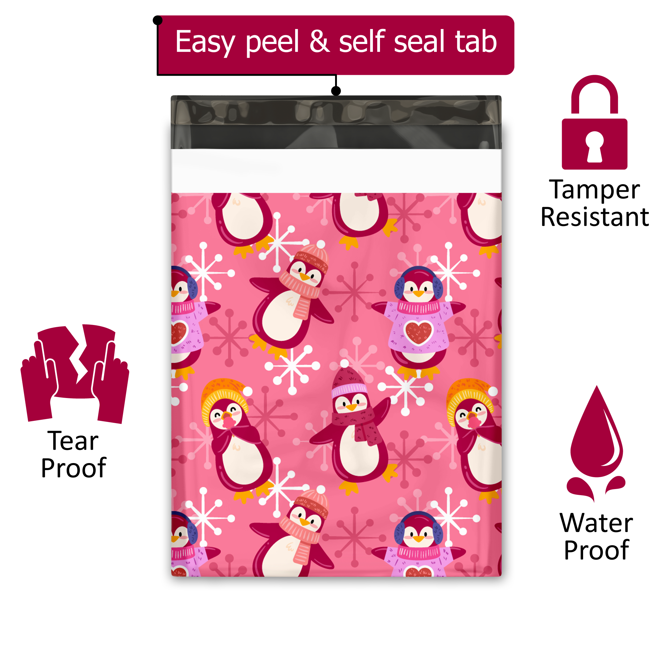 10x13 Pink Penguins Poly Mailers – Shipping Bags for Small Business