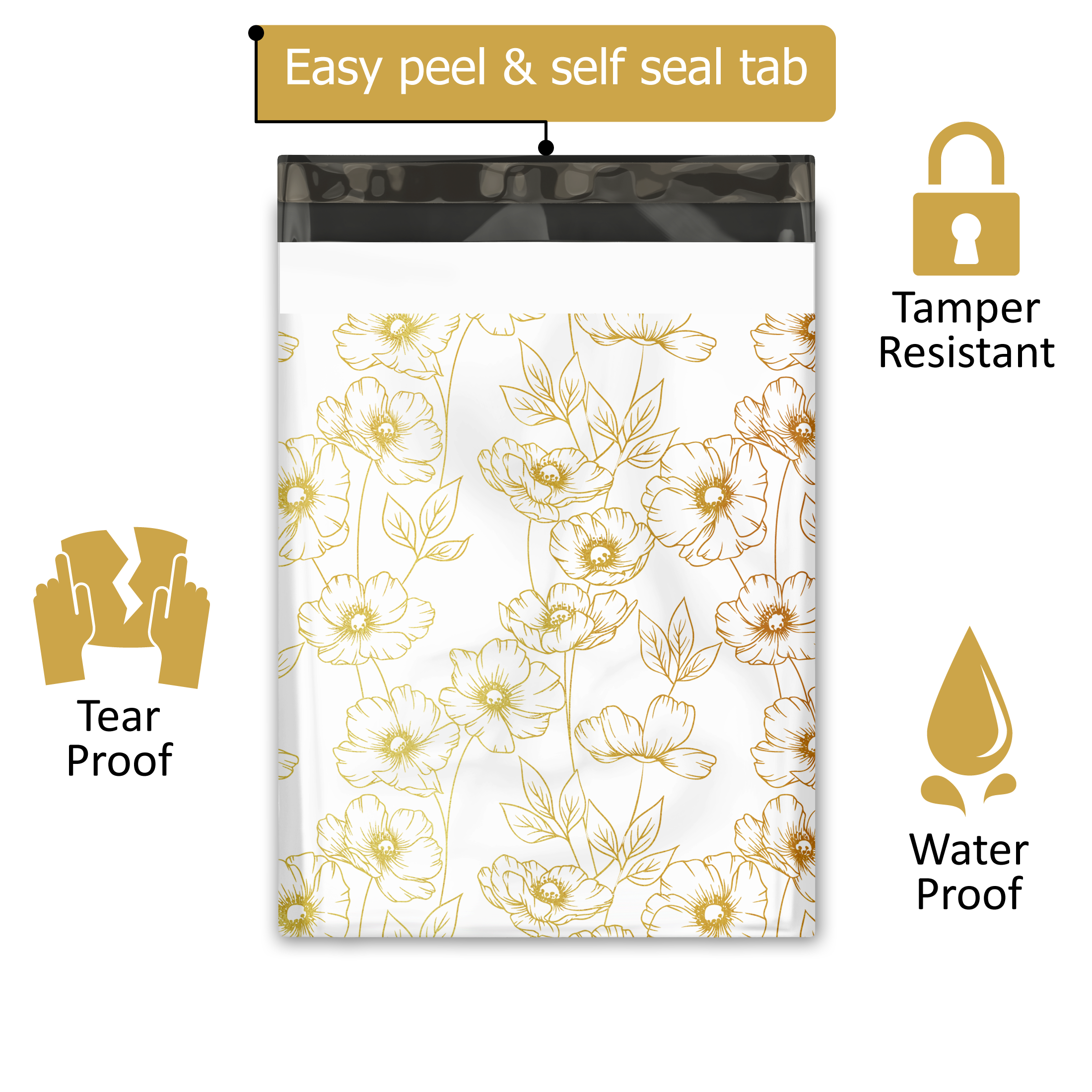 10x13 Gold Sketched Floral Poly Mailers – Shipping Bags for Small Business