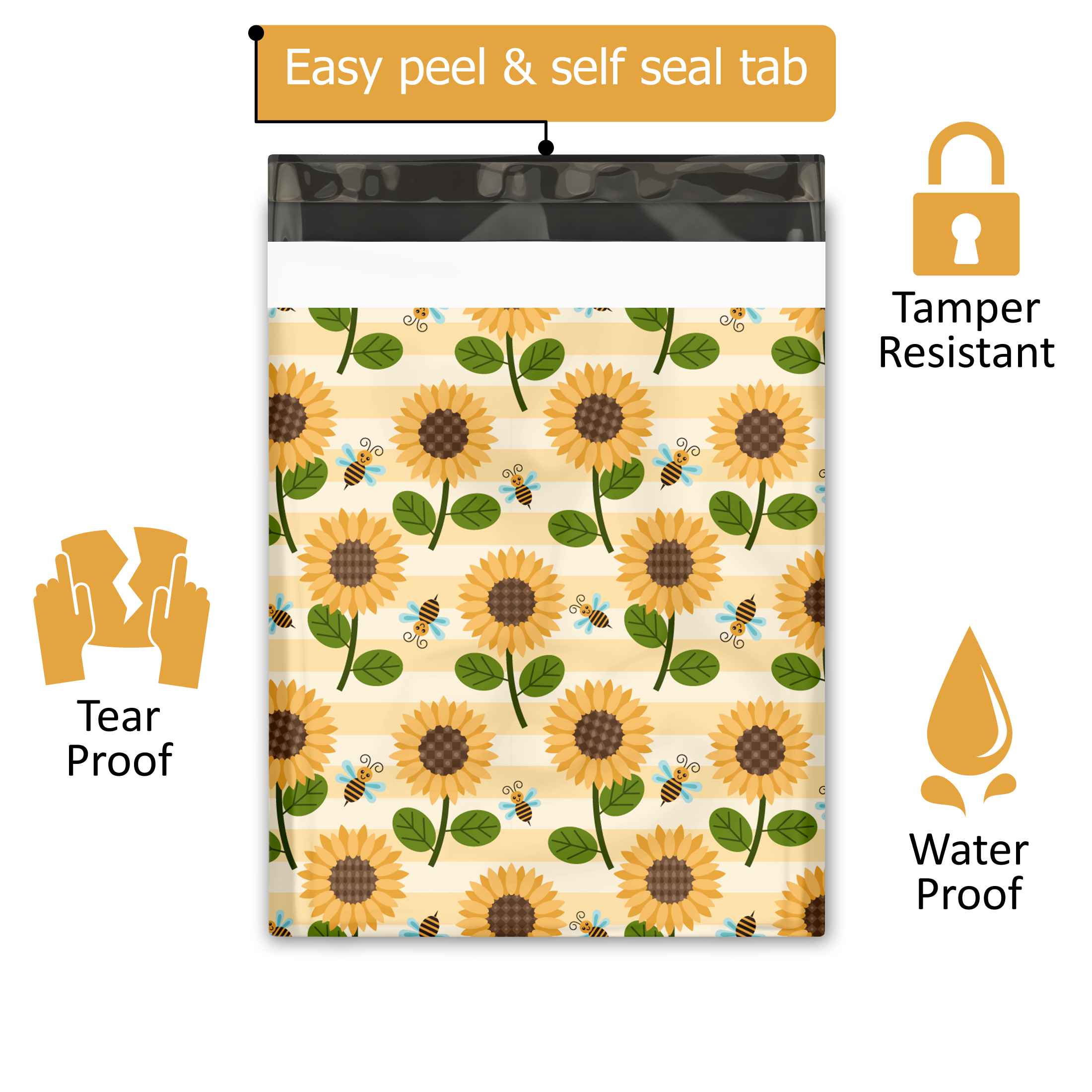 12x15 Sunflowers and Bees Poly Mailers – Shipping Bags for Small Business