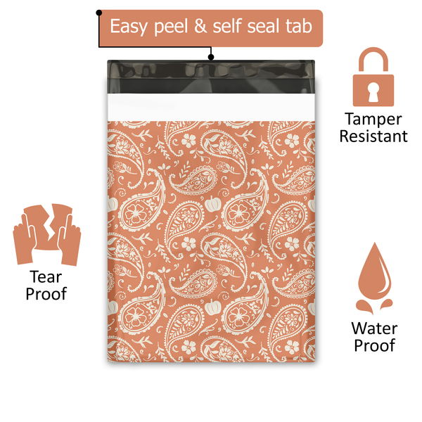 10x13 Orange Pumpkin Paisley Designer Poly Mailers Shipping Envelopes Premium Printed Bags