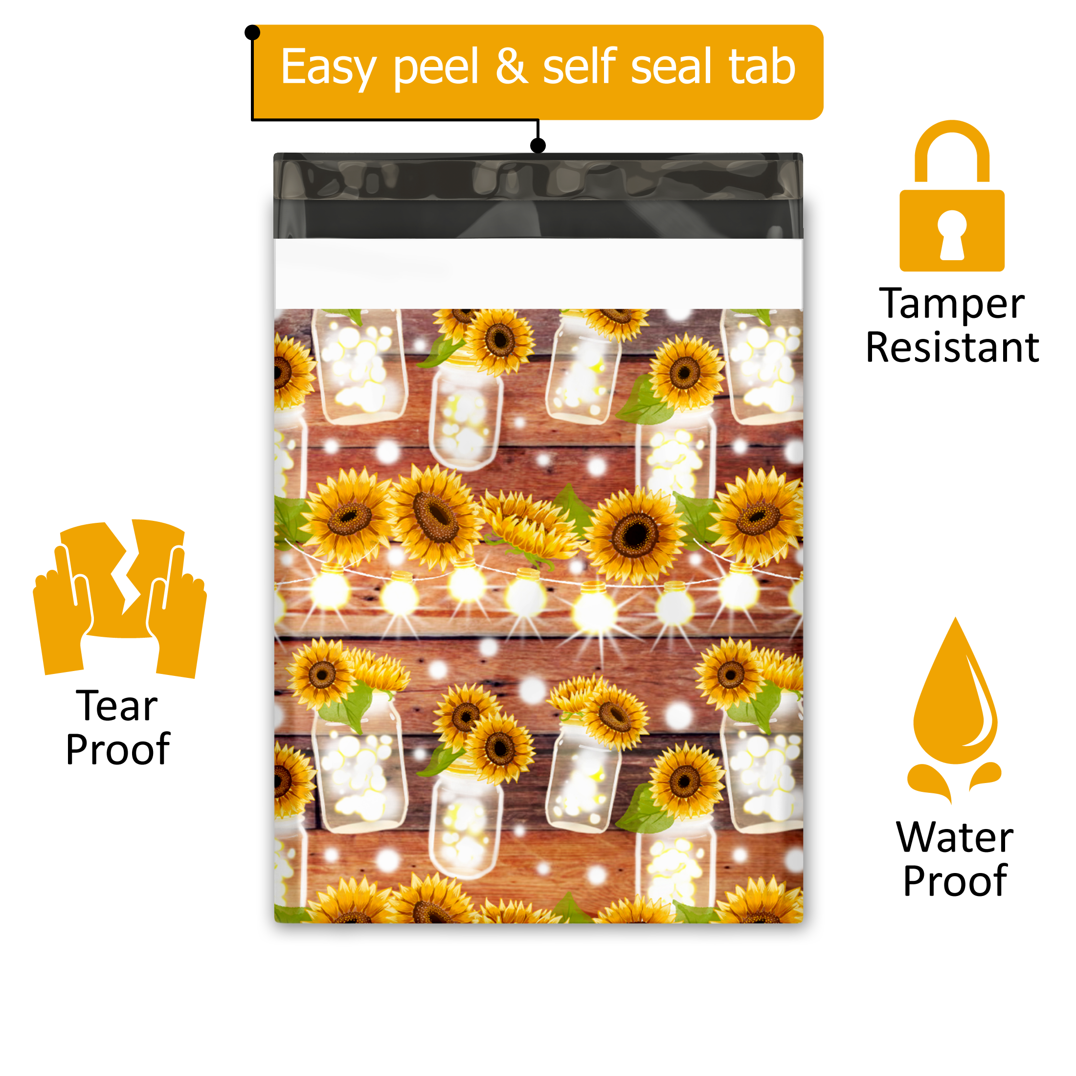 10x13 Sunflower Mason Jars Poly Mailers – Shipping Bags for Small Business