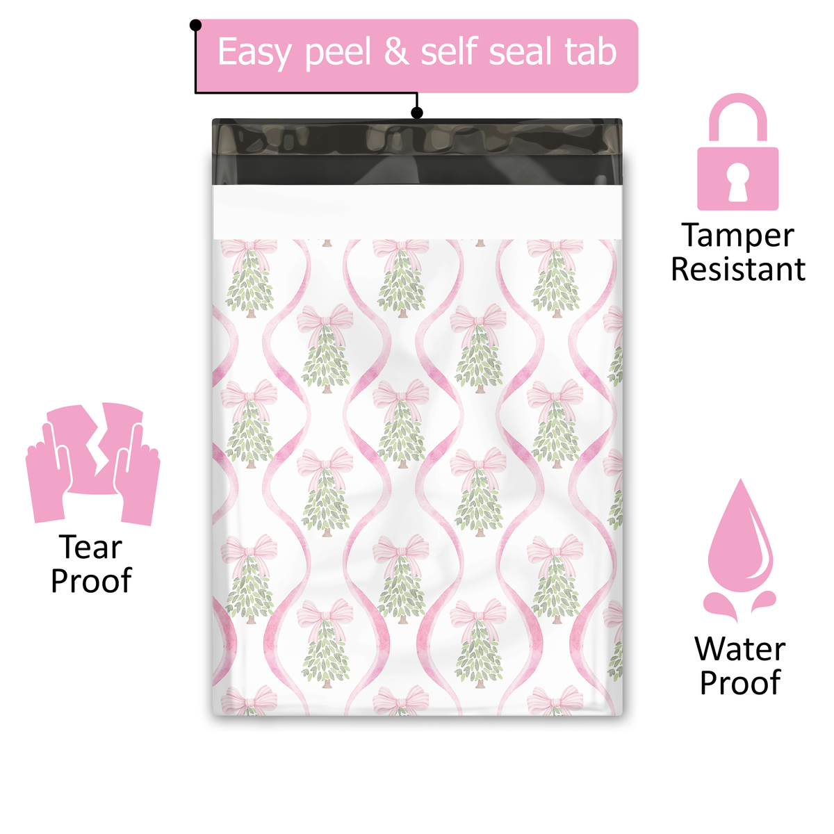10x13" Christmas Trees and Bows Designer Poly Mailers Shipping Envelopes Premium Printed Bags