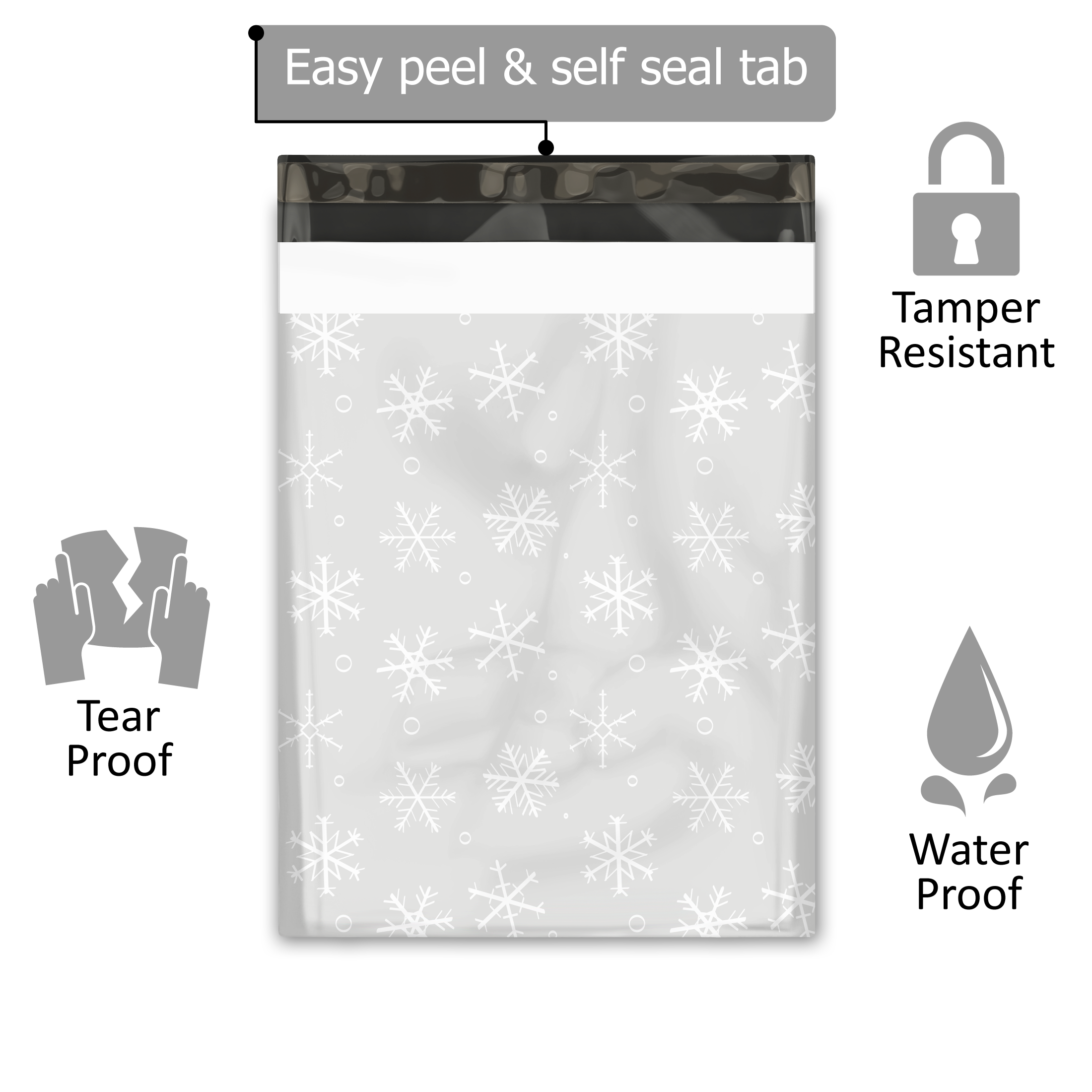 10x13 Gray Winter Snowflakes Poly Mailers – Shipping Bags for Small Business