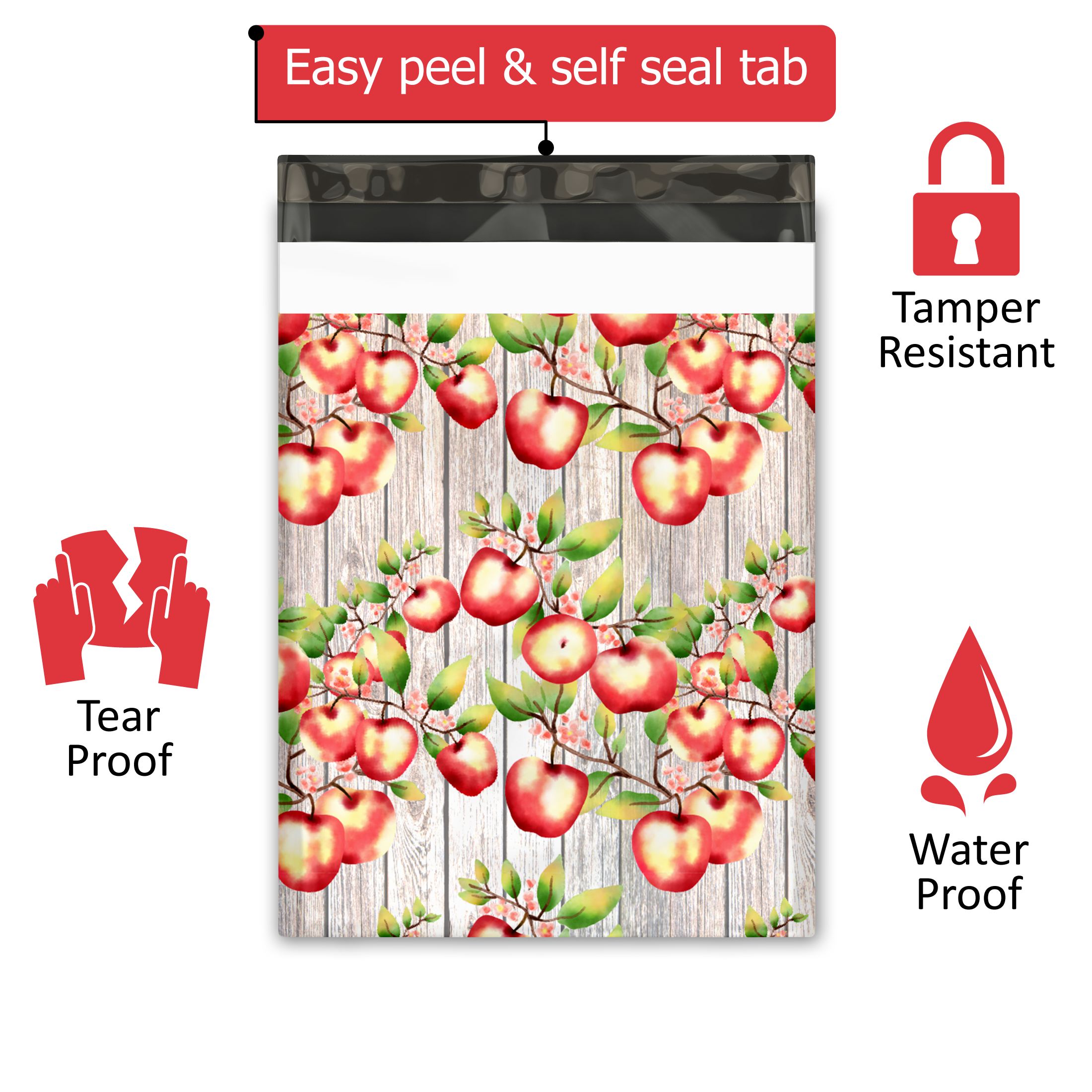 10x13 Apples and Blossoms Shipping Premium Printed Poly Mailers – Shipping Bags for Small Business