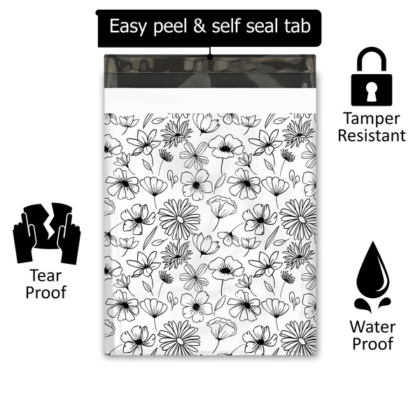 19x24" Black and White Floral Designer Poly Mailers Shipping Envelopes Premium Printed Bags