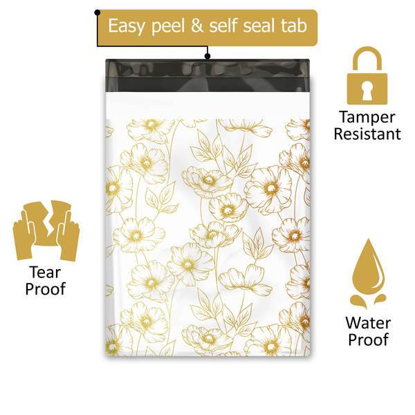 10x13 Gold Sketched Floral Designer Poly Mailers Shipping Envelopes Premium Printed Bags