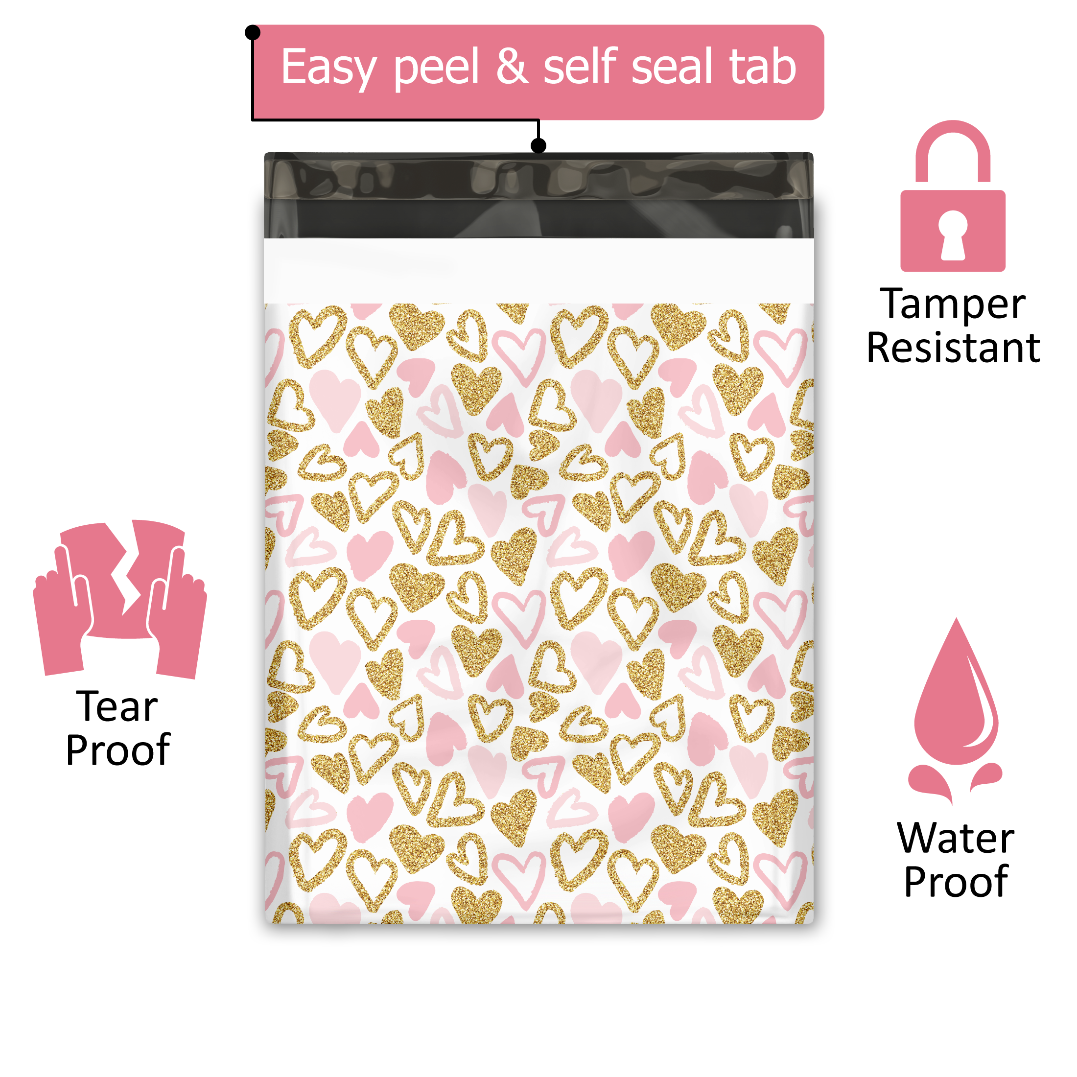 12x15 Pink and Gold Hearts Poly Mailers – Shipping Bags for Small Business
