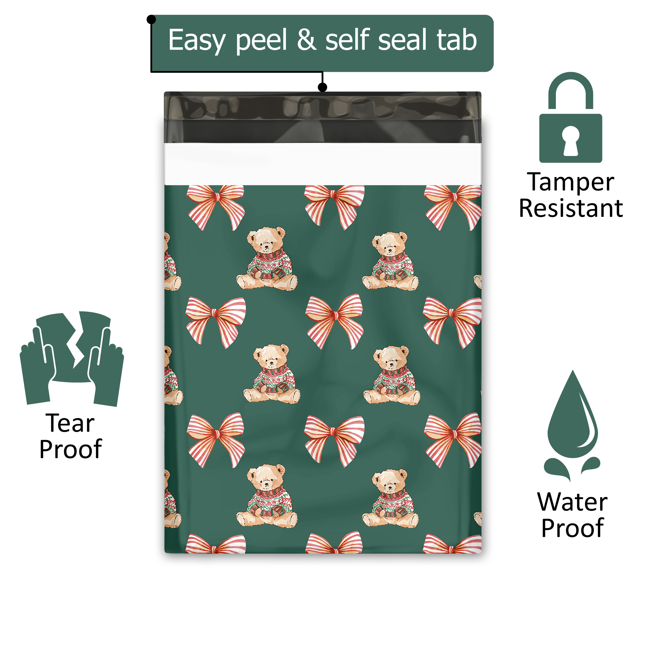 10x13 Christmas Teddy Bear Poly Mailers – Holiday Shipping Bags