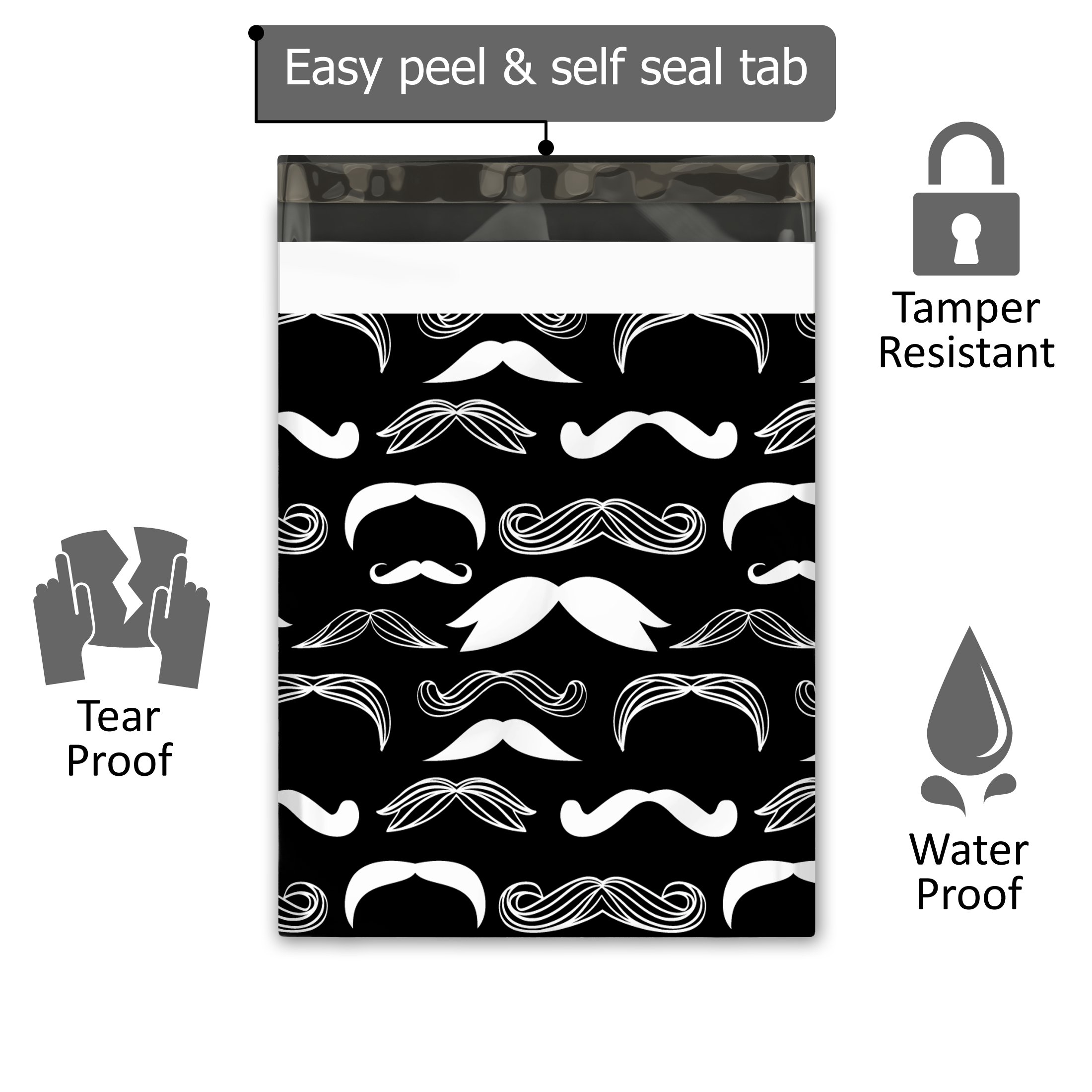10x13 Stylish Mustache Poly Mailers – Shipping Bags for Small Business