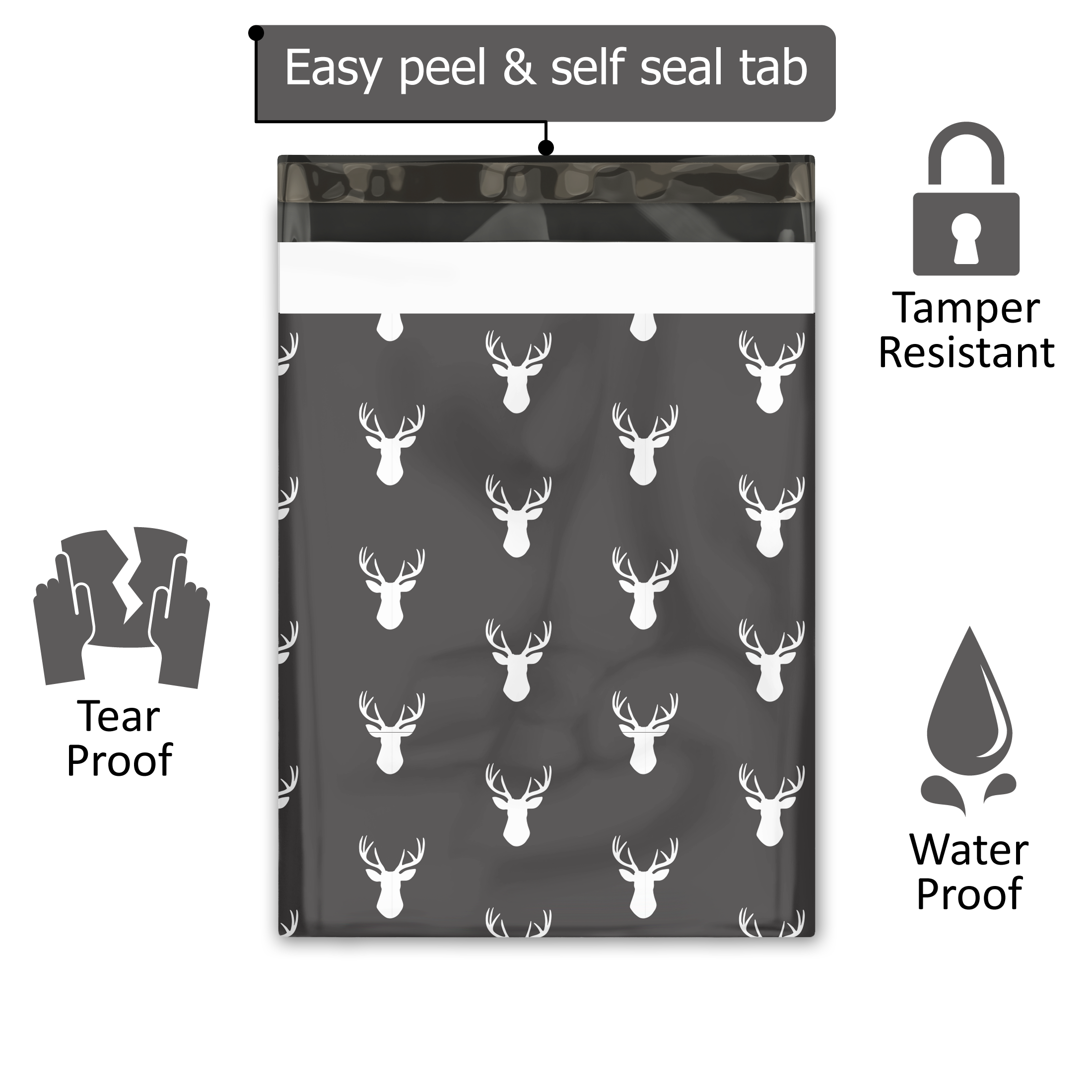 10x13 Charcoal Deer Heads Poly Mailers – Shipping Bags for Small Business