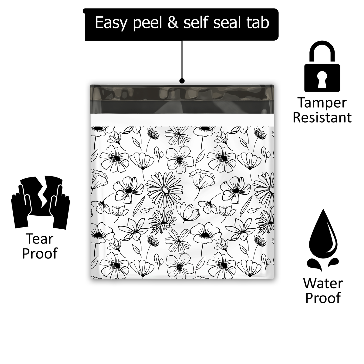 18x18" Black and White Floral Designer Poly Mailers Shipping Envelopes Premium Printed Bags