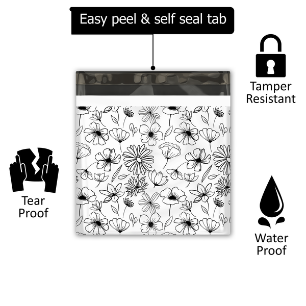 18x18" Black and White Floral Designer Poly Mailers Shipping Envelopes Premium Printed Bags