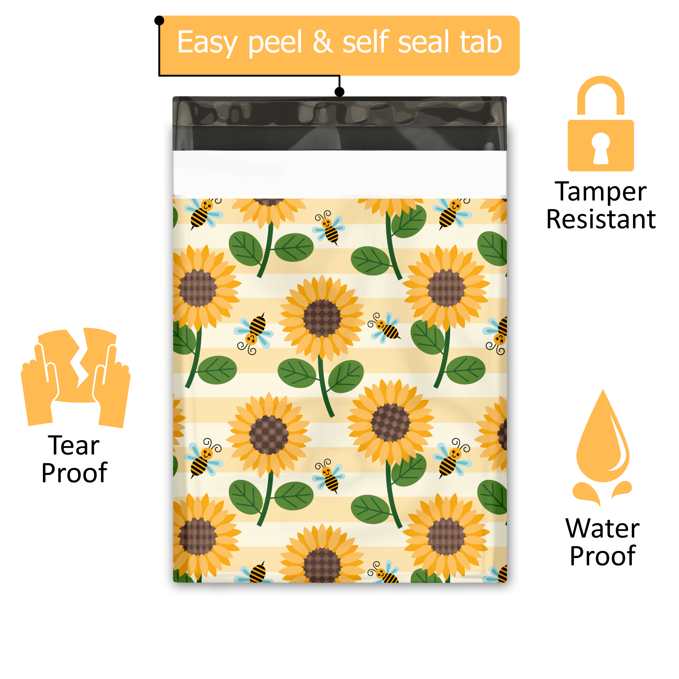 10x13 Sunflowers and Bumble Bees Poly Mailers – Shipping Bags for Small Business