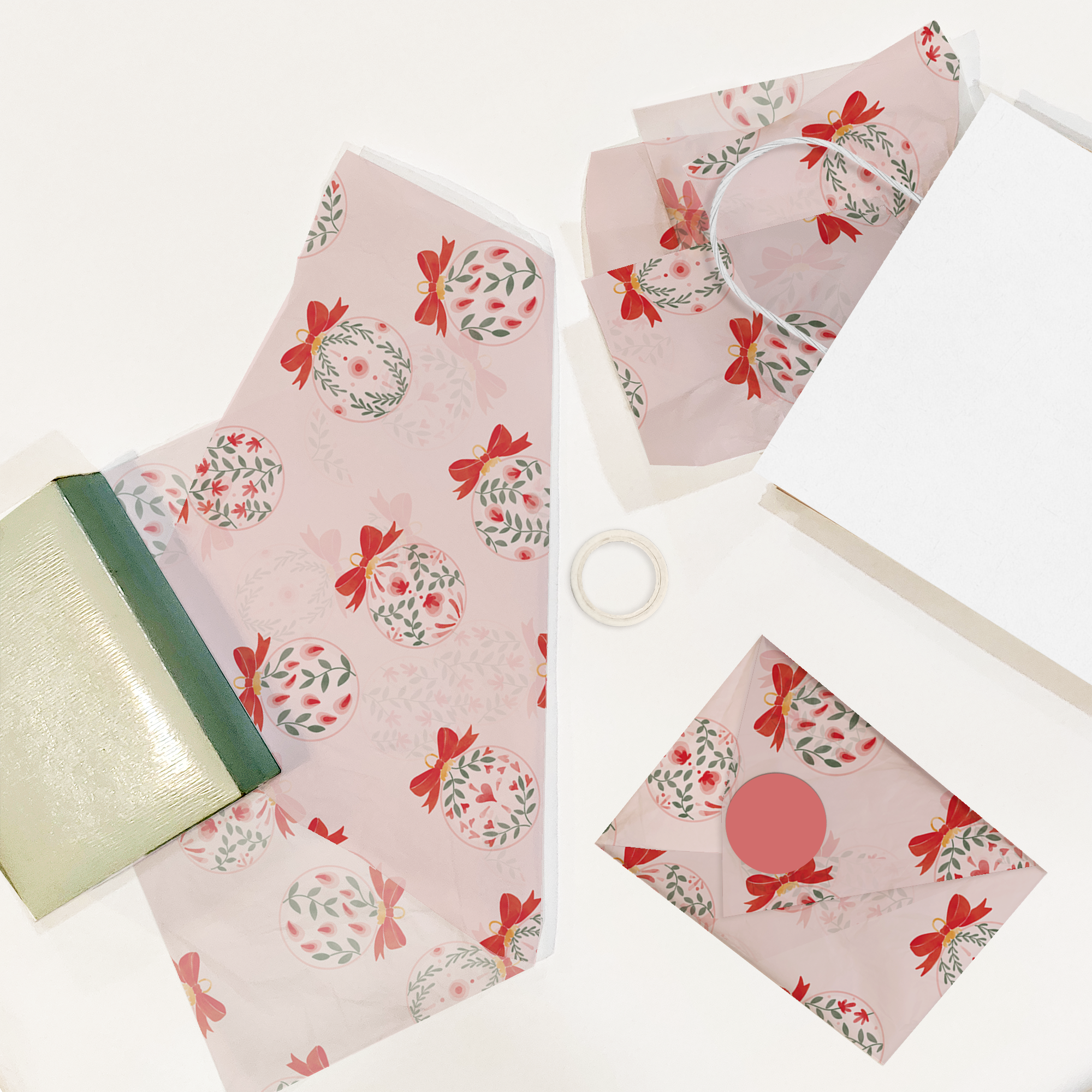 Vintage Floral Christmas Baubles Tissue Paper – 20 x 30 Holiday Gift Wrap Tissue Paper