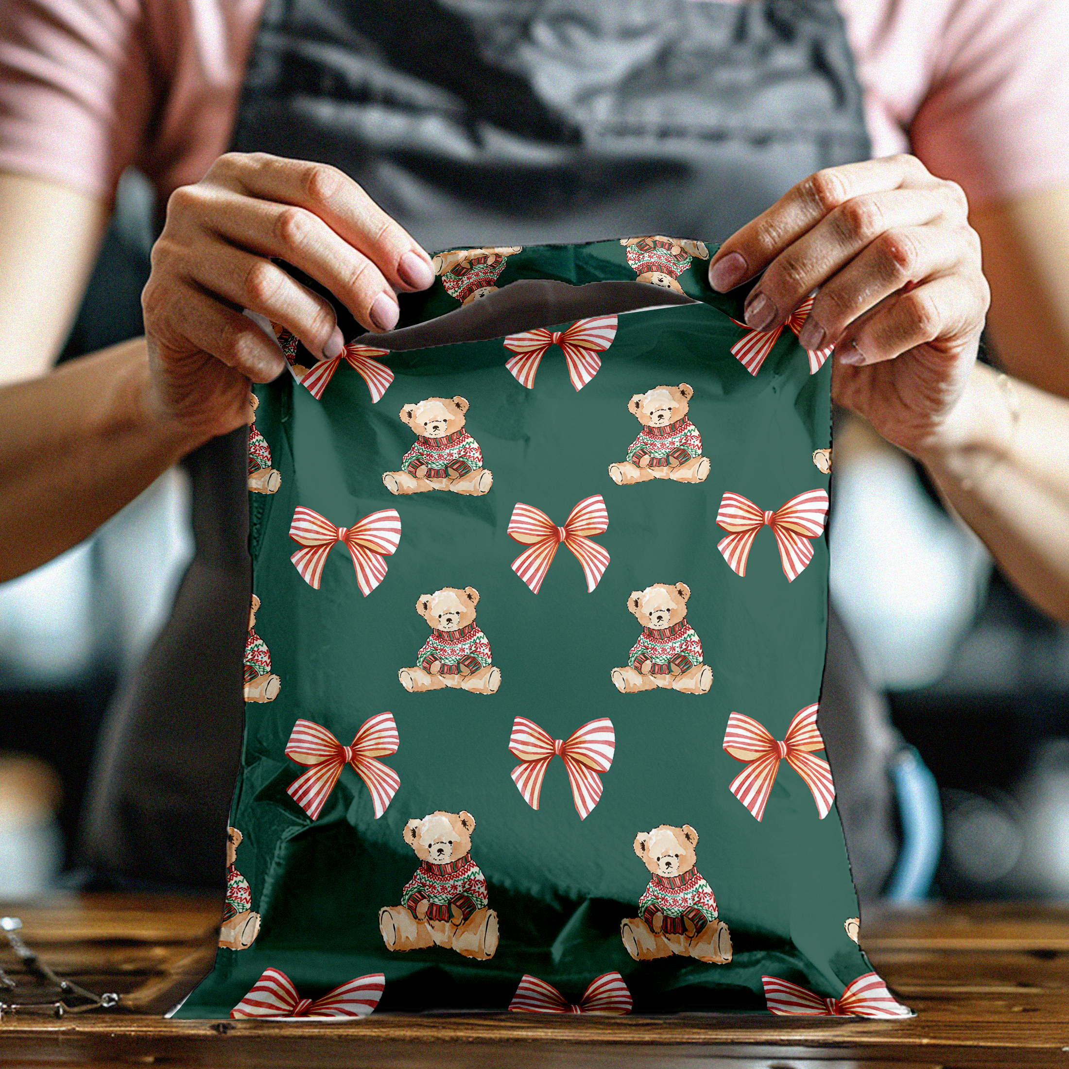 10x13 Christmas Teddy Bear Poly Mailers – Holiday Shipping Bags