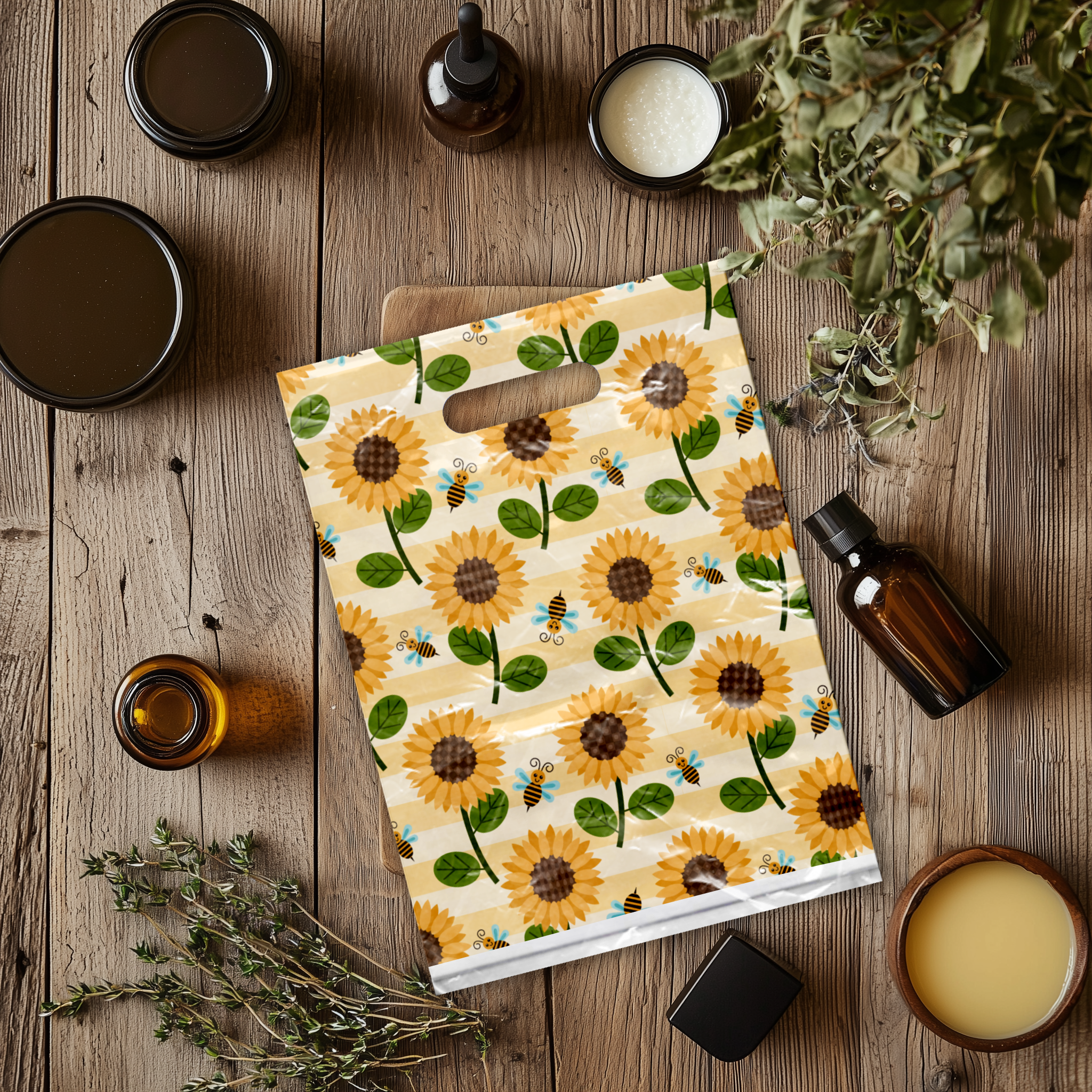12x15 Sunflowers and Bees Poly Merchandise Bags – Retail Bags with Die-Cut Handles (2 Mil)