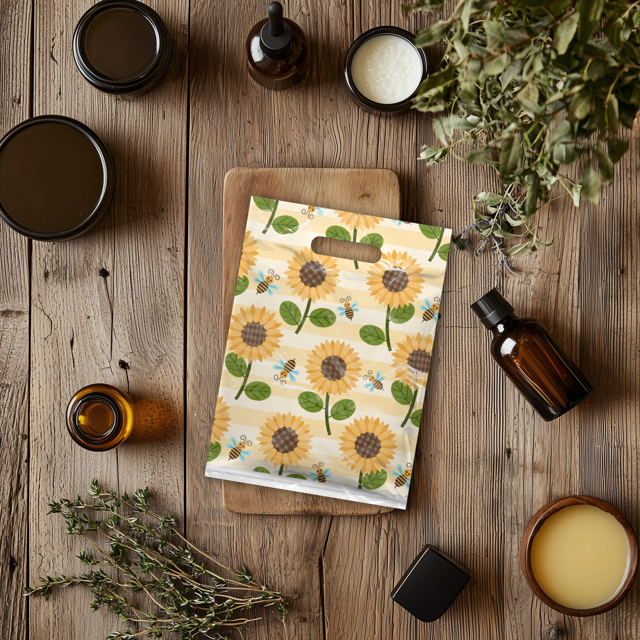 9x12 Sunflower and Bumble Bees Poly Merchandise Bags – Retail Bags with Die-Cut Handles (2 Mil)