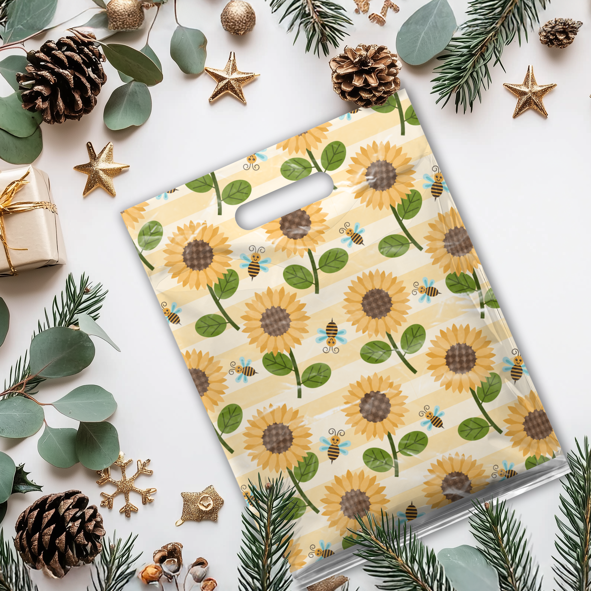 12x15 Sunflowers and Bees Poly Merchandise Bags – Retail Bags with Die-Cut Handles (2 Mil)