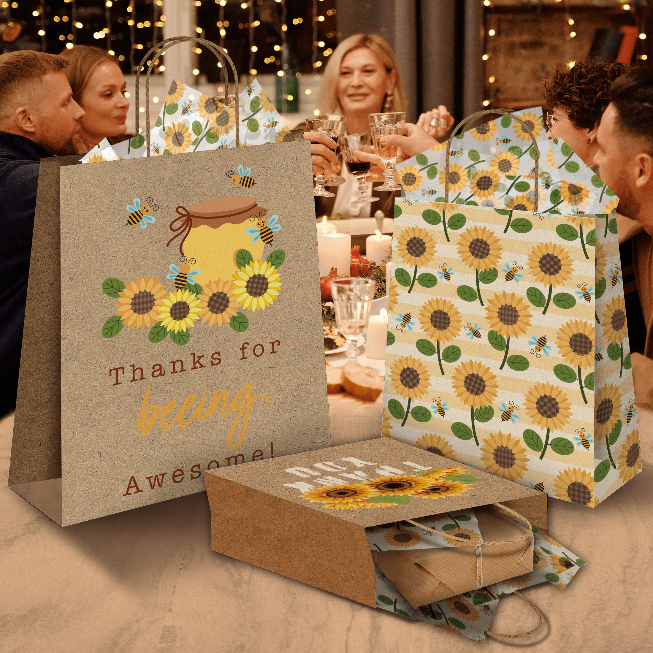 Sunflower Designer Kraft Paper Shopping Bags Mixed Size Set