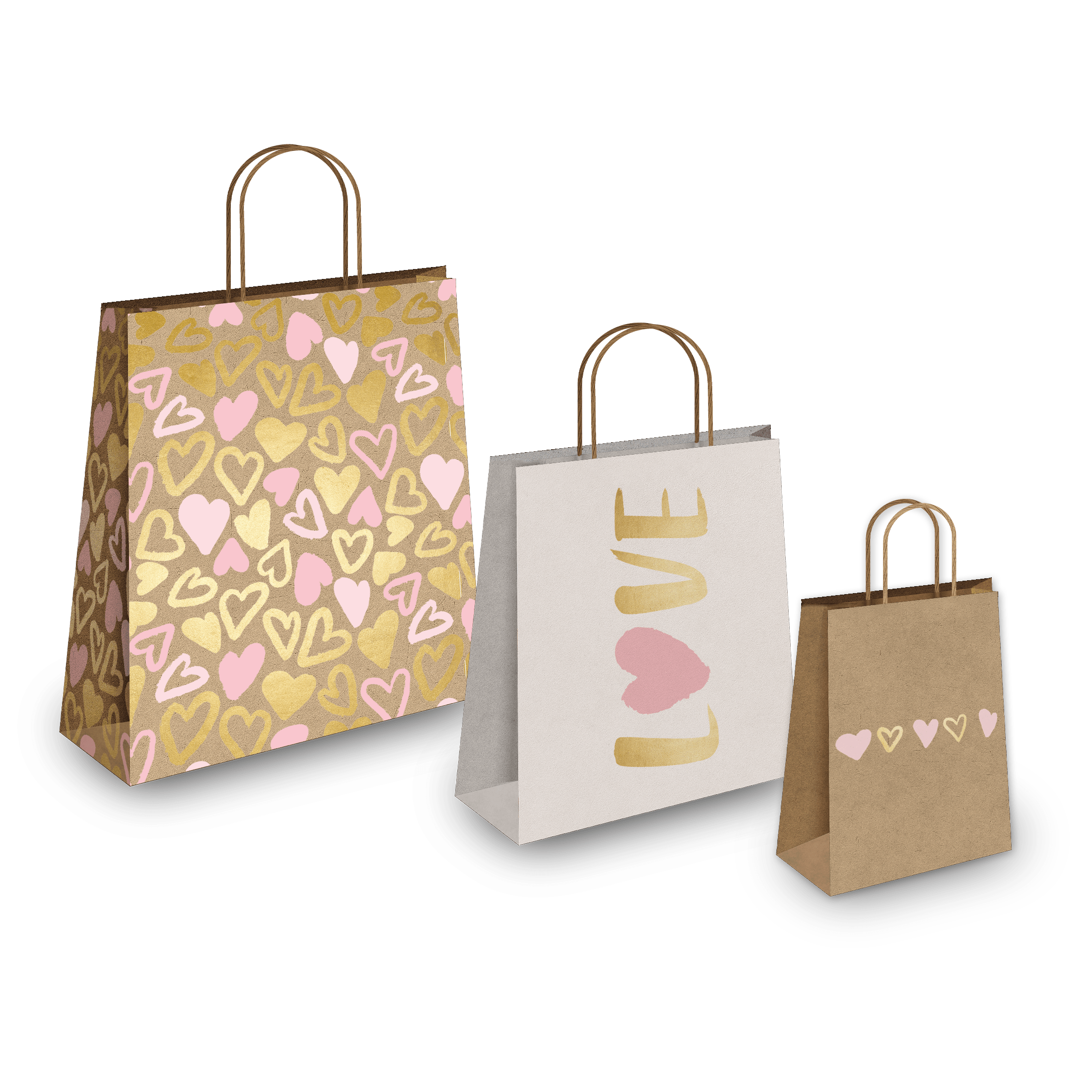 Pink Gold Hearts Designer Printed Kraft Paper Shopping Bags Combo Pro Supply Global
