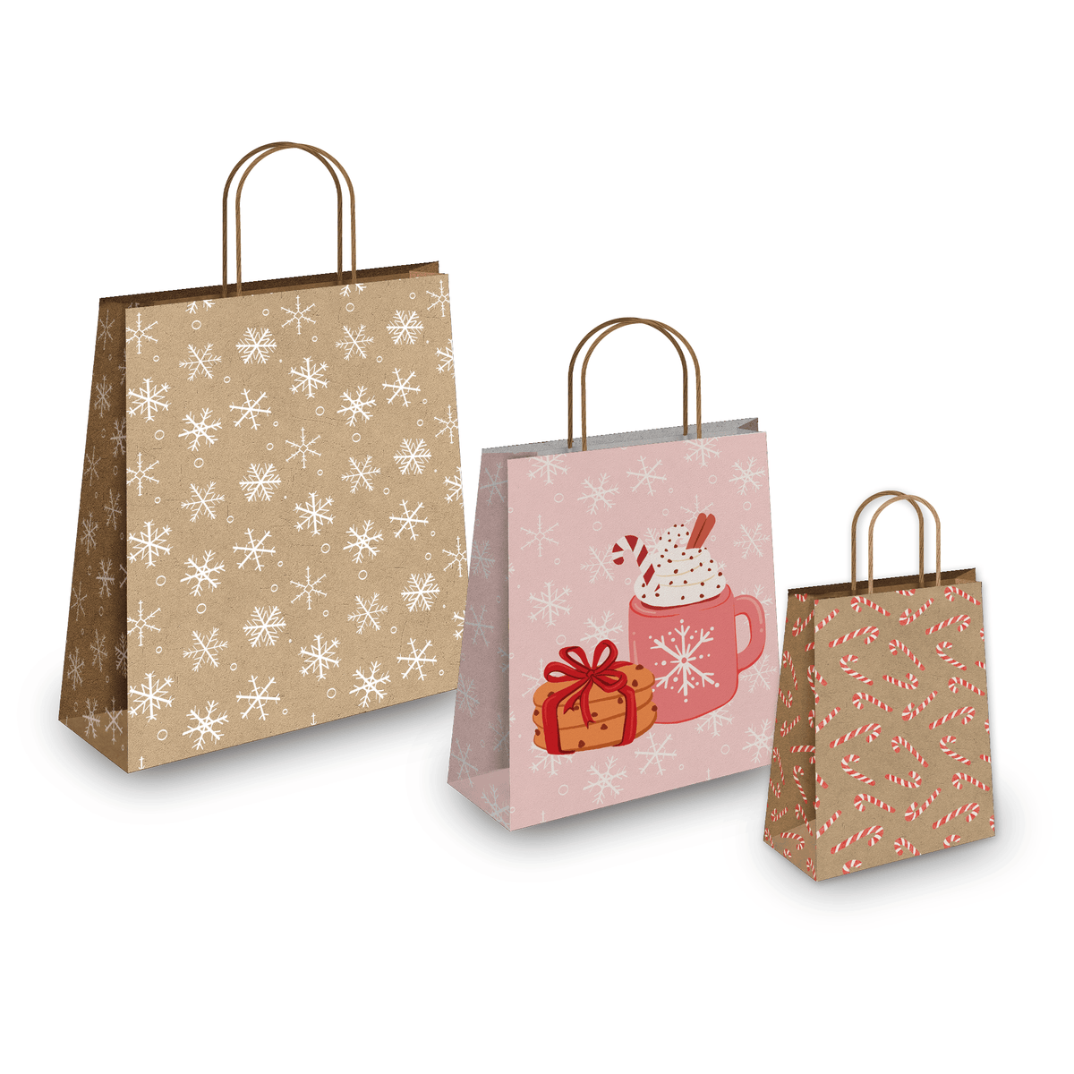 Snowflake Winter Christmas Printed Kraft Bags with Handles Pro Supply Global