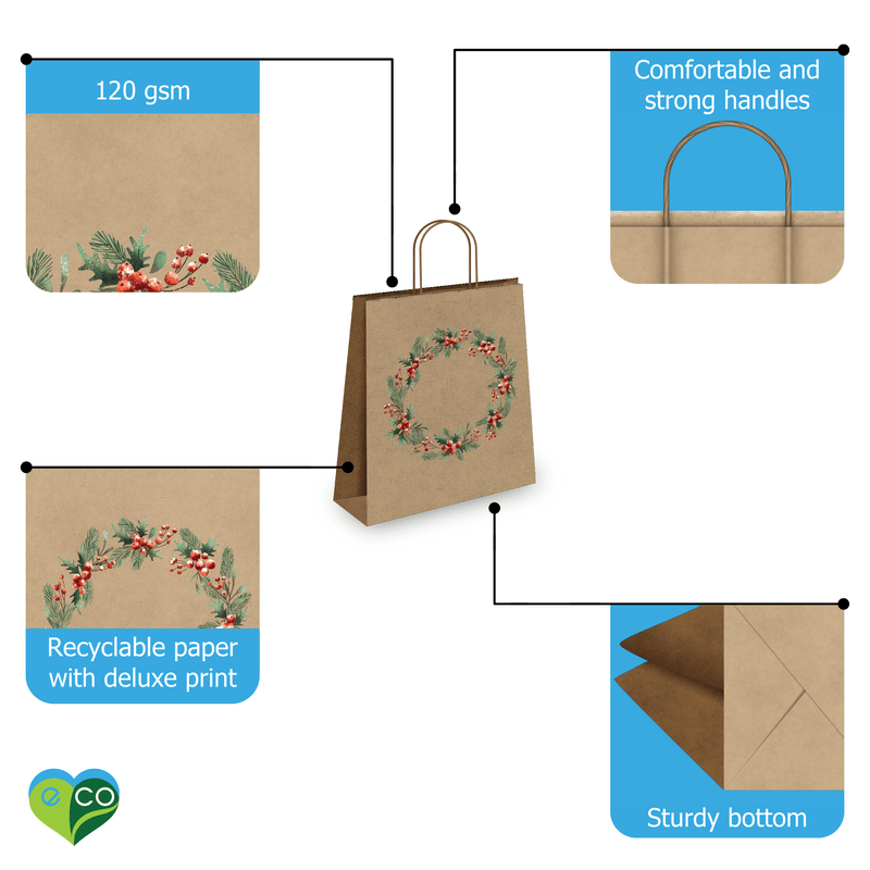 Christmas Wreath Kraft Gift Bags Mixed Size Set - Pro Supply Global