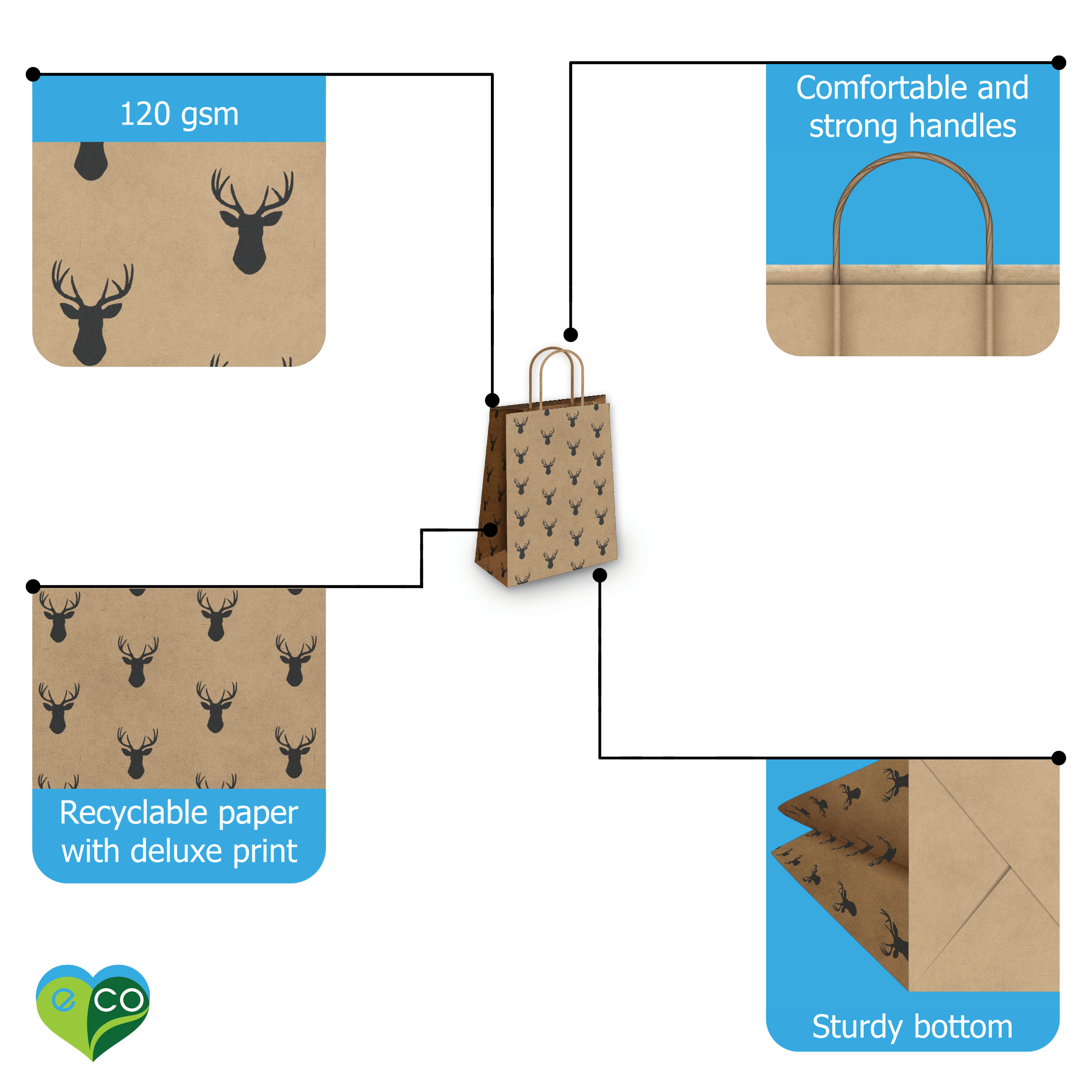 Deer Head Kraft Gift Bags Mixed Size Set - Pro Supply Global