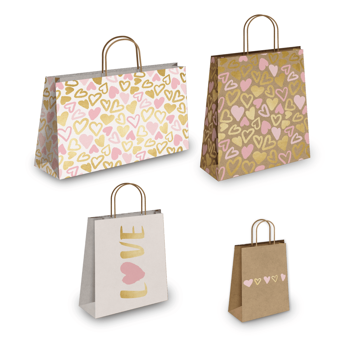 Pink and Gold Hearts Kraft Gift Bags Mixed Size Set - Pro Supply Global